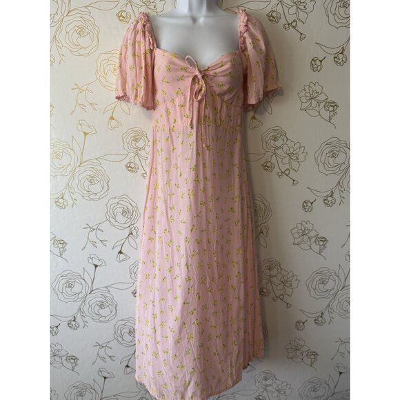 Faithfull the Brand Dress Size 6 Medium Pink Daisy Floral Puff Sleeve  Midi 036 - Picture 1 of 8